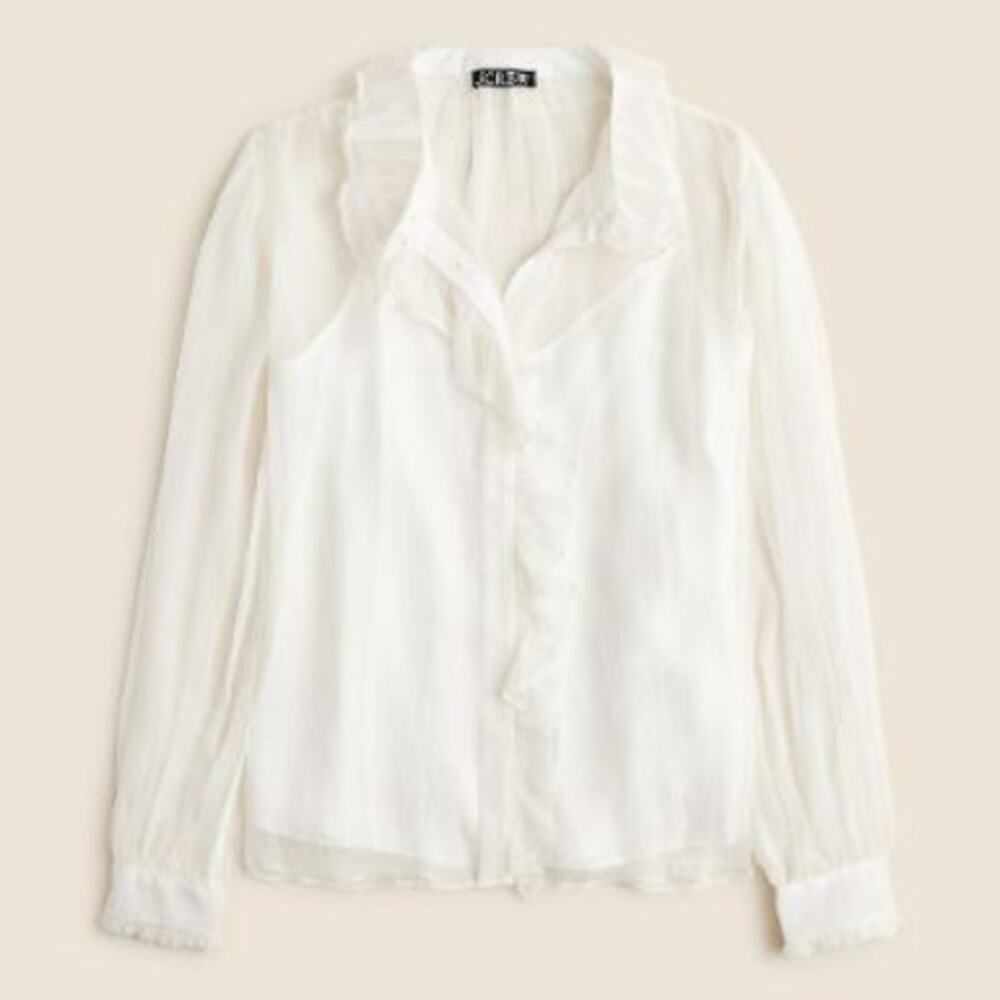 JCrew Womens Sheer Crinkle Chiffon Ruffle Button-Up Shirt CF436 Ivory Size 4 NWT